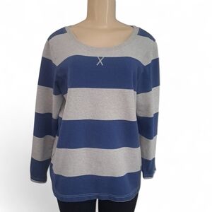 Eddie Bauer Blue Gray Striped Cotton Knit Scoop Neck Pullover Sweater
